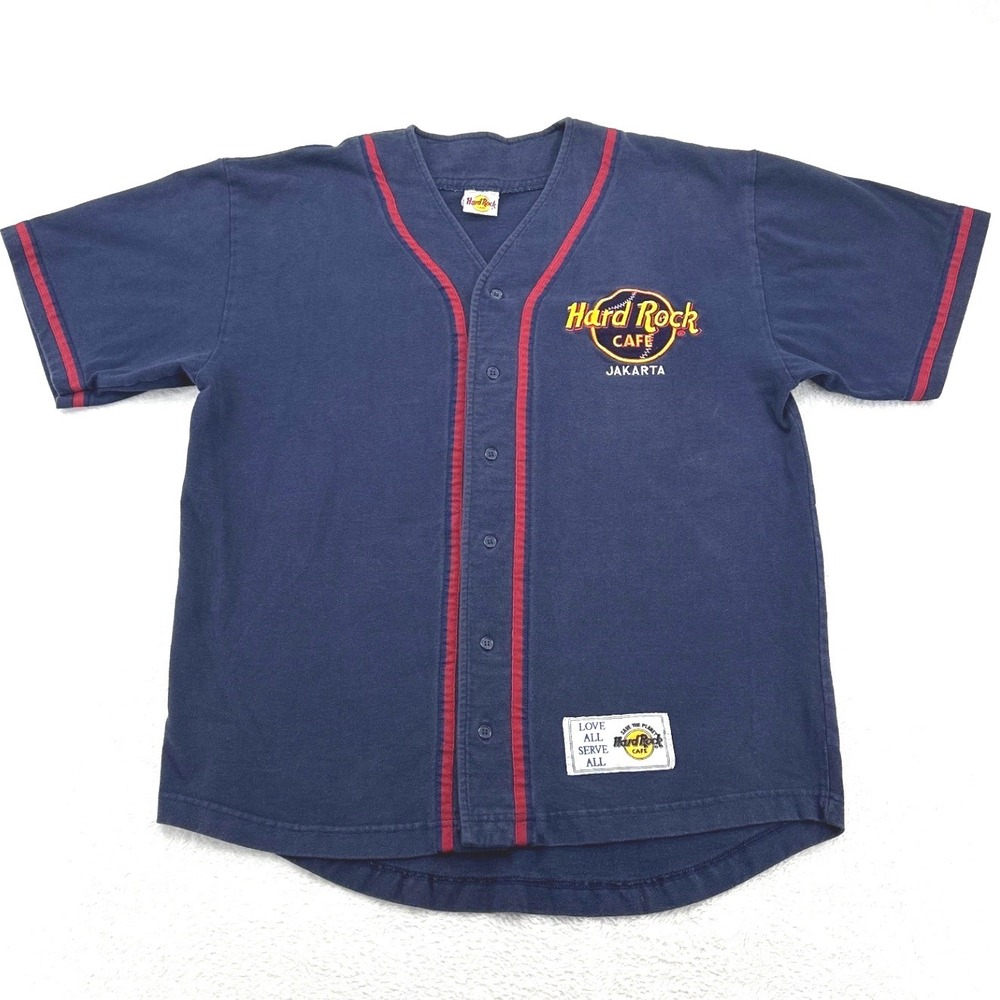 Hard Rock Cafe Jakarta Indonesia Mens Baseball Jersey L Navy Blue Button Up